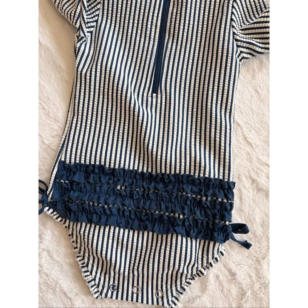Ruffle butts baby girl  striped blue and white swim size 12-18 Months